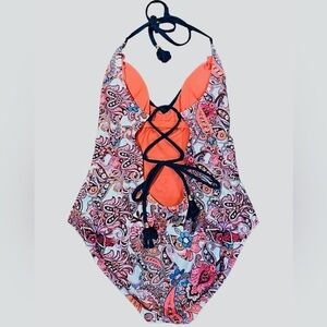 Wonderfly One Piece Halter Lace-Up Back Strappy Swimsuit Paisley Print